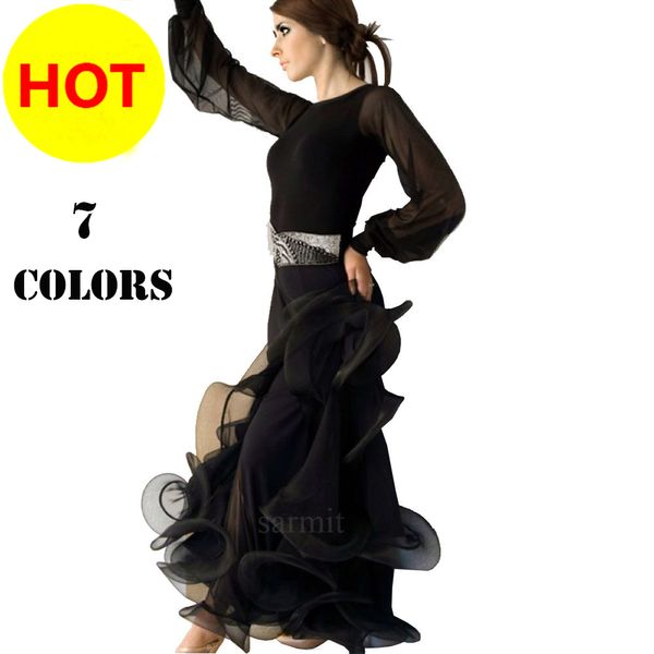 

women dresses for ballroom dancing tango waltz ballroom dance competition dresses 2pcs set 7 choices d0638 long sleeve big hem, Black;red