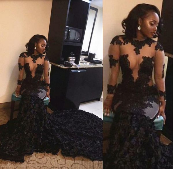 

south afria style black girl prom dresses 2016 see through lace applique mermaid evening gowns ruched sweep train formal party dresses
