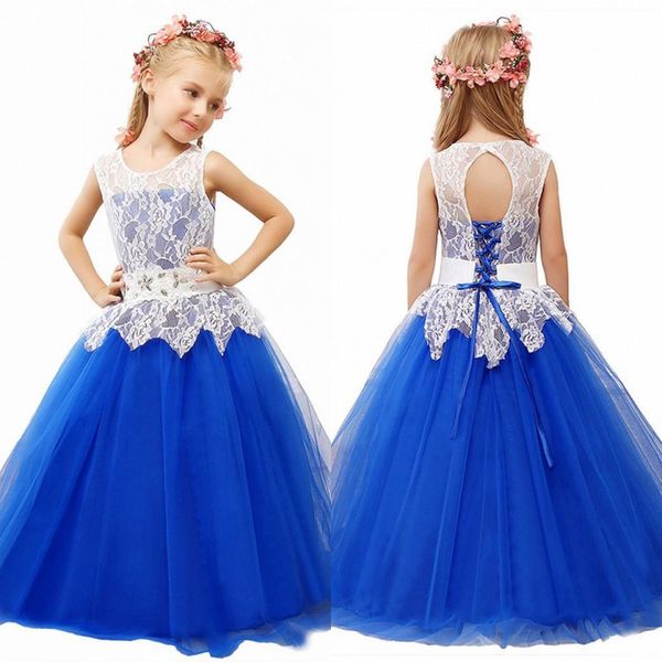 Vintage Çiçek Kız Elbise Çocuk Örgün Önlükler Düğün için Bir Çizgi Kraliyet Mavi Flowergirl Kat Uzunluk Elbise Dantel En Kristaller Peplum