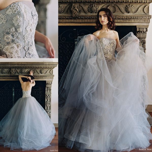 

gorgeous gray strapless ball gown wedding dresses 2016-2017 embroidery beads backless bridal gowns tulle floor length wedding gowns, White