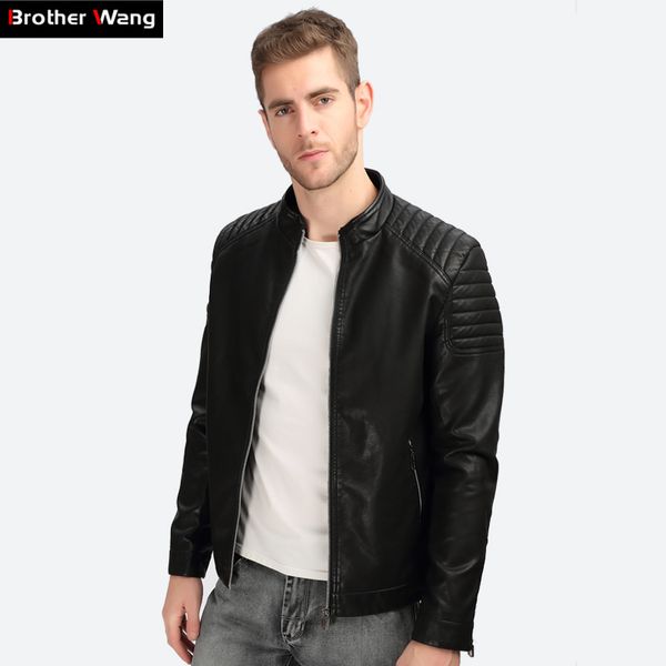 

wholesale- brother wang leather jacket man 2017 autumn new fashion slim black stand collar leather coat brand clothes