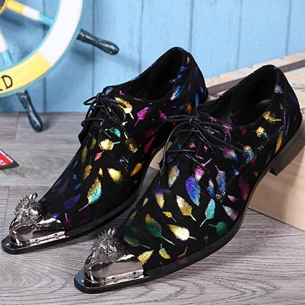 

personality men print pattern leisure leather shoes fashion designer metal toe lace up derby shoes man party playing shoes, Black