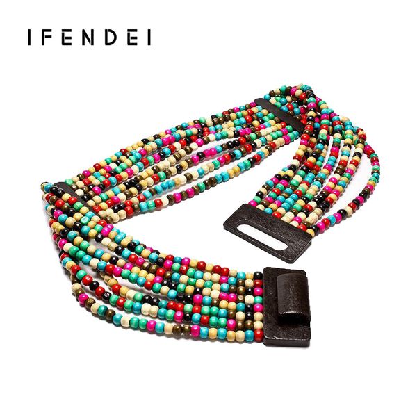 

wholesale- ifendei new brand belt women fashion bohemian handmade wooden beads belt elastic waist belts width 7cm cinturon mujer ancho, Black;brown