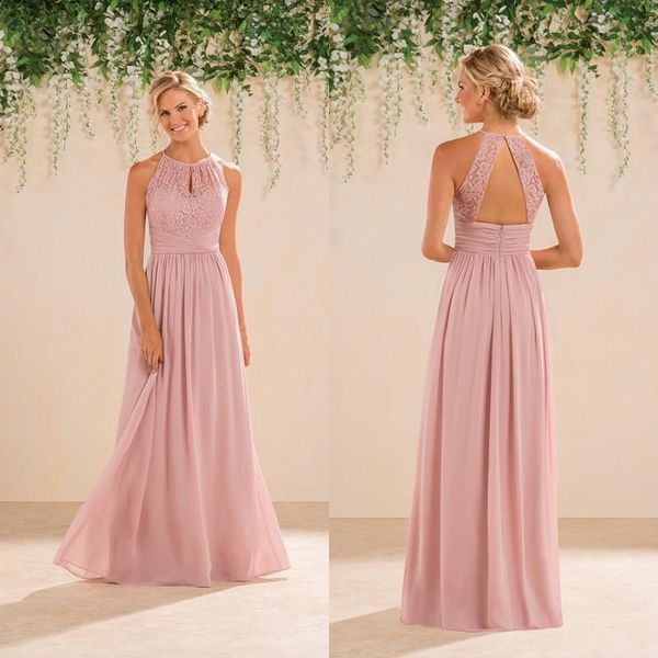 

2020 new jasmine bridal blush pink bridesmaid dresses country style halter neck lace chiffon full length formal prom party gowns custom made, White;pink