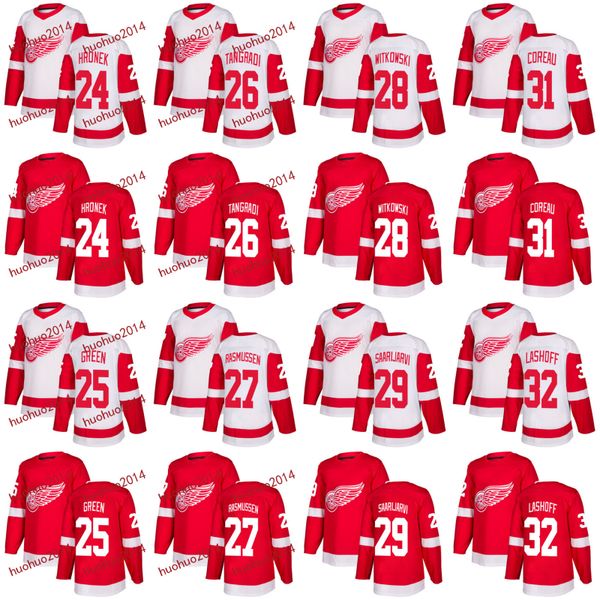 

2017-2018 Season Detroit Red Wings 24 Filip Hronek 25 Mike Green 26 Eric Tangradi 27 Michael Rasmussen 28 Luke Witkowski Hockey Jerseys