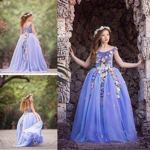 Splendide ragazze di fiori di lavanda vestono abiti da cerimonia per bambini senza maniche con scollo gioiello per abiti da spettacolo per bambine con applique di fiori da sposa