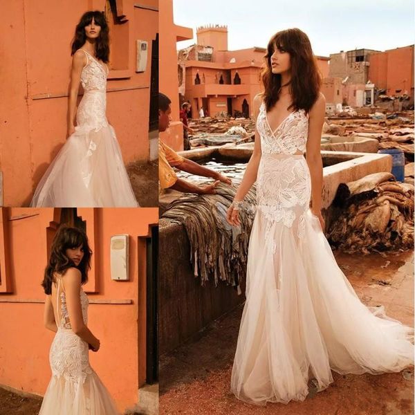 

глубокий v шеи богемной русалки свадебные платья лиз мартинес сексуальные спинки свадебные платья кружева свадебное платье дешевые, White