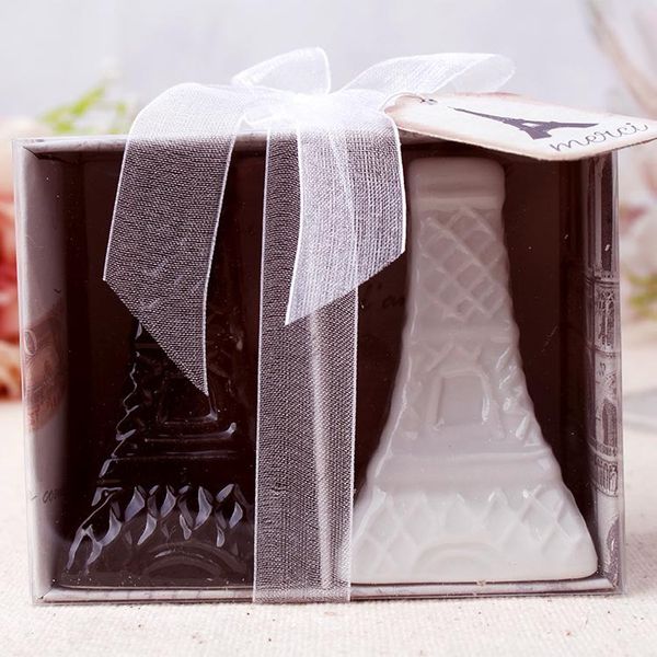 

Eiffel Tower Ceramic Salt and Pepper Shakers Wedding Favors White Black Porcelain Shakers Cooking Tools 50sets=100pcs/lot