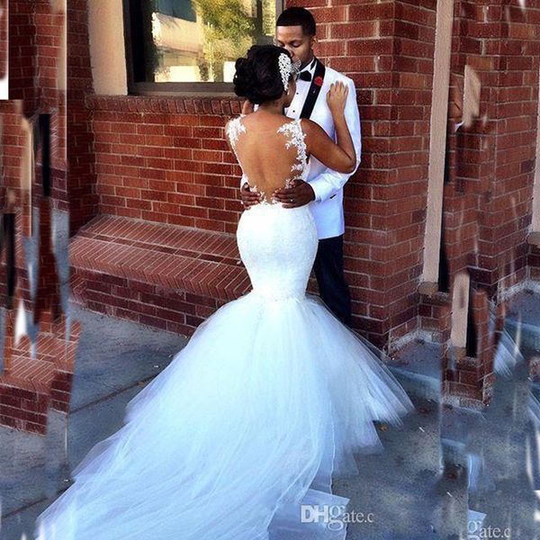 

2017 south african mermaid wedding dresses spaghetti straps lace appliques ruched sheer back floor length plus size bridal gowns puffy skirt, White
