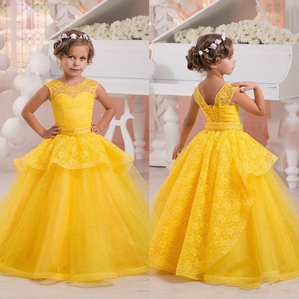 Sarı sevimli çiçek kızlar elbiseler şeffaf mürettebat boynu kolsuz korse arka katmanlar etek prenses çocukları düğünler için balo parti önlükleri27789