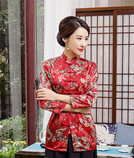 

Shanghai Story Цветочный Cheongsam Рубашка Qipao Топ 3/4 Рукава Китайский Традиционный Китайски