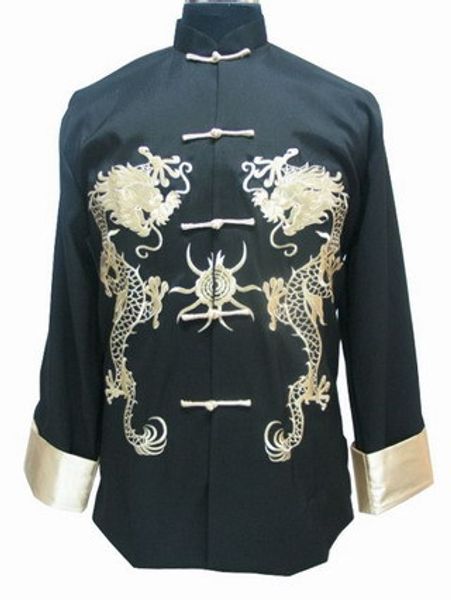 Fall-vintage preto chinês tradicional homens jaqueta seda cetim casaco handmade bordado dragão outwear s m l xl xxl xxxl m-1011