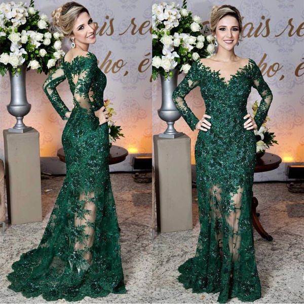 

Dark green formal lace evening dre e 2018 long leeve heer neck beading mermaid weep train heer prom party pecial occa ion gown