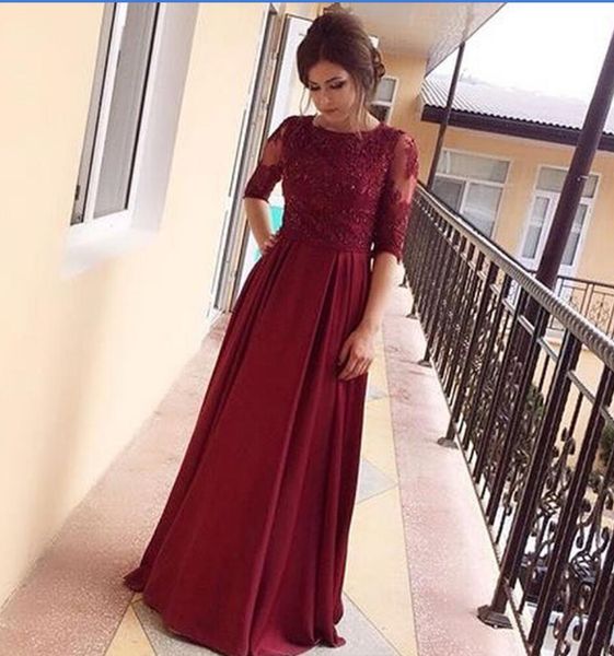 

half sleeve a-line evening dresses lace appliques beaded satin formal dresses dark red prom dresses long vestido longo de festa, Black;red