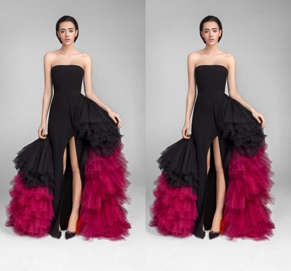 

2017 new fashion mixed color evening dresses strapless high split prom dresses with tulle ruffles puffy train black and rose red