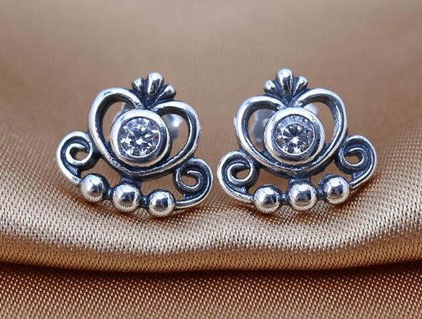 

earrings 100% 925 sterling silver stud earrings with clear cz crown fits for pandora charms jewelry diy women wholesale 2016 newest, Golden;silver