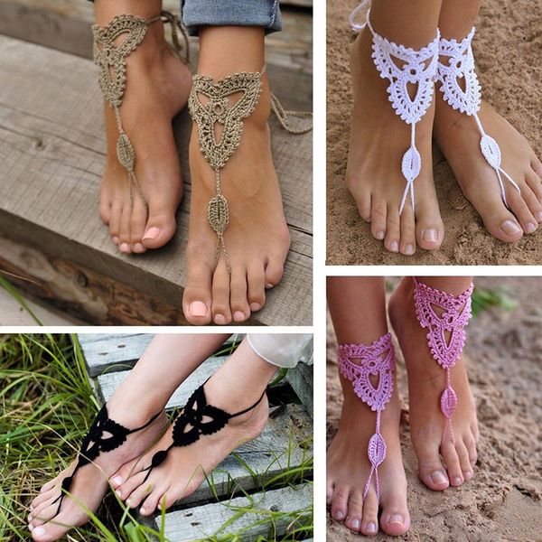 

wholesale-2015 new 2 pair ornate barefoot sandals beach wedding bridal knit anklet foot chain #81096, Red;blue