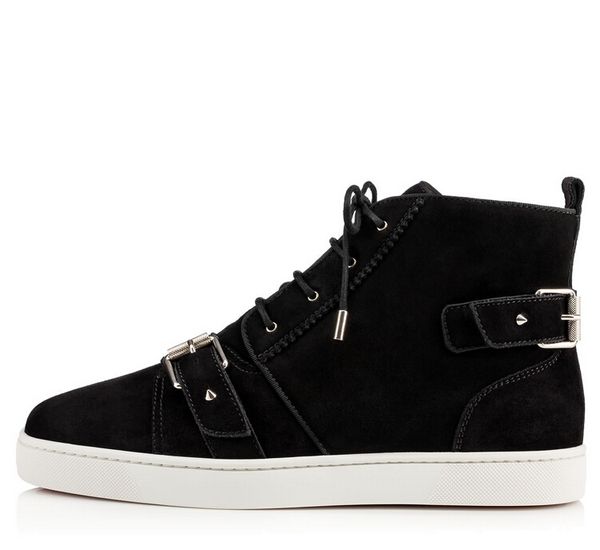 

fashion buckle red bottom women casual shoes 2017 suede leather high women sneaker genuine leather red bottom women flats shoes boot, Black