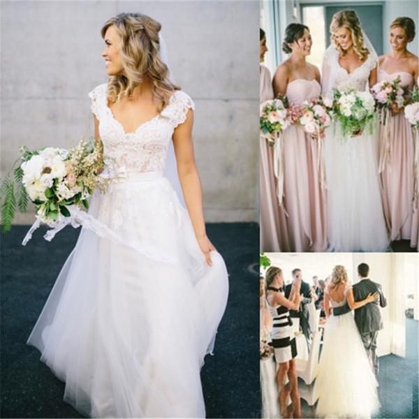 Abiti da sposa economici stile hippie bohémien con scollo a V e applicazioni in pizzo Abiti da sposa country boho chic da spiaggia