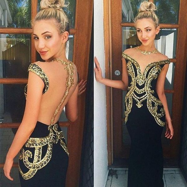

backless black mermaid gold sequins prom dresses with capped sleeves illusion sheer party gowns long formal evening dresses, Black;red