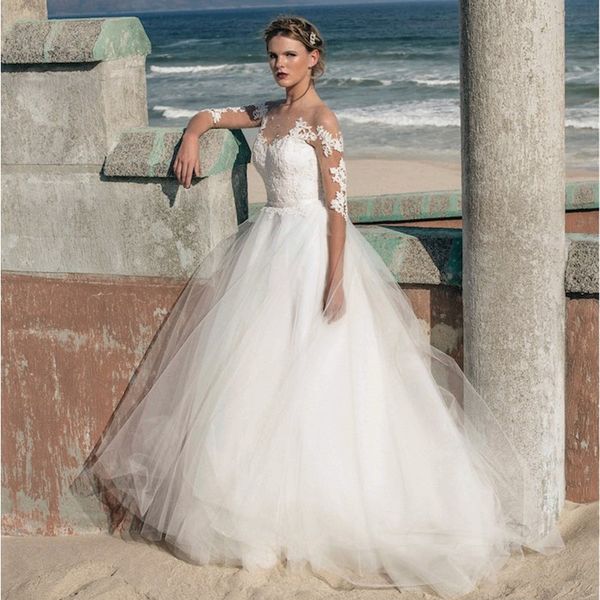 

2020 Newest Best Design A-Line Wedding Dress Tulle Sleeve Appliques Robe De Mariee Illusion Bridal Gown with Sash Cheap Custom Made