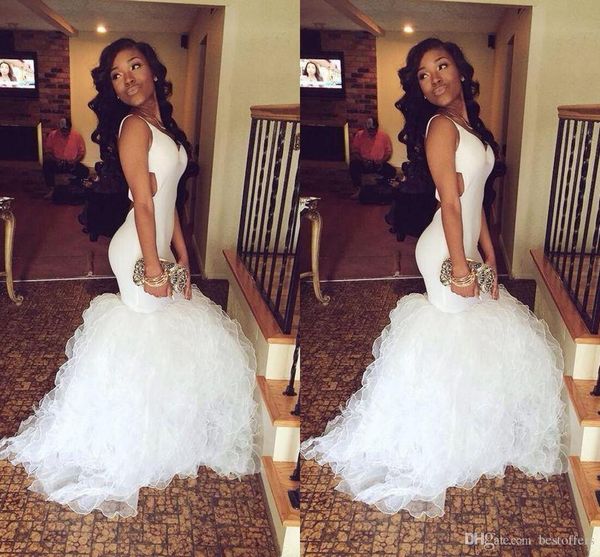 

2016 white backless mermaid prom dresses spaghetti straps tiered puffy formal evening gowns 2k16 black girl women party dress pageant gowns