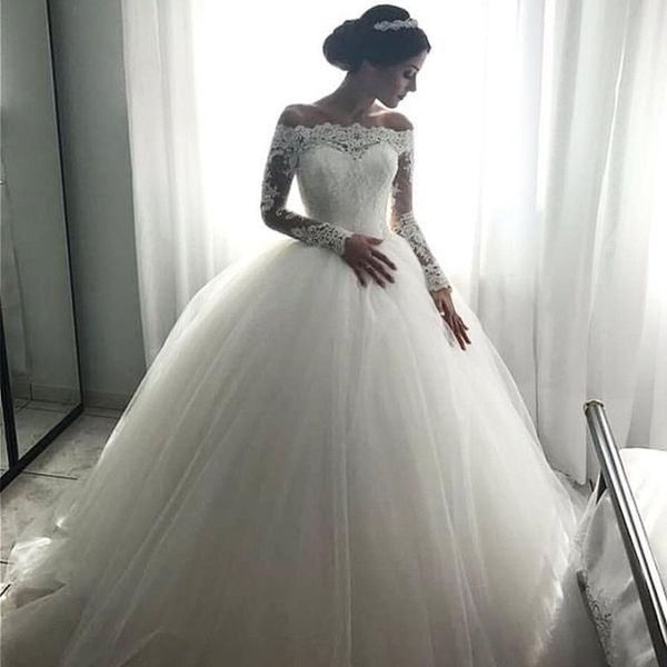 

elegant off shoulder long sleeves ball gown wedding dresses appliques lace tulle floor length wedding gowns modest bridal dresses, White