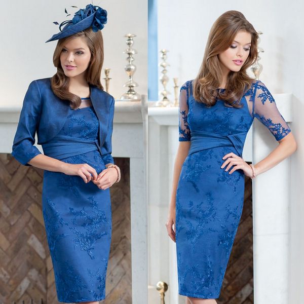 

синяя оболочка платья для матери невесты половина рукава кружева аппликация свадебное платье для матери жениха с курткой до колен формальная, Black;red