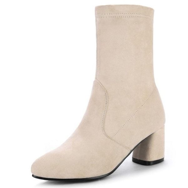 Lady Slip On Mid Calf Boots Woman Shoes Solid Color Preppy Chic Warm Boots Office Concise