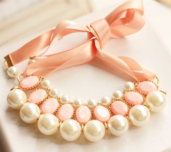 

ladies bib choker jewellery pearl necklace ladies pearl tassel choker statement necklaces gift bijouterie for women christmas gift, Blue;red