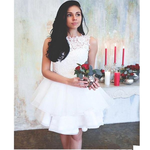 

популярные простые кружева короткое свадебное платье новые многоуровневые драпированные аппликации линия современные партии свадебные платья, White