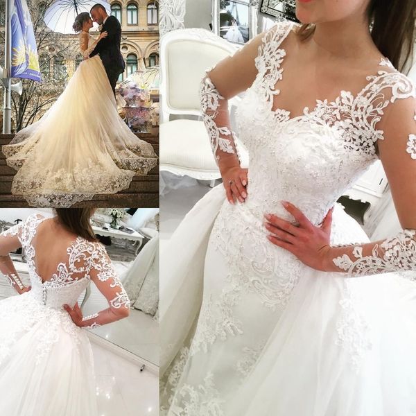 

2019 elegant sheer long sleeves v-neck tulle appliques wedding dresses with detachable overskirts floor length bridal gowns, White