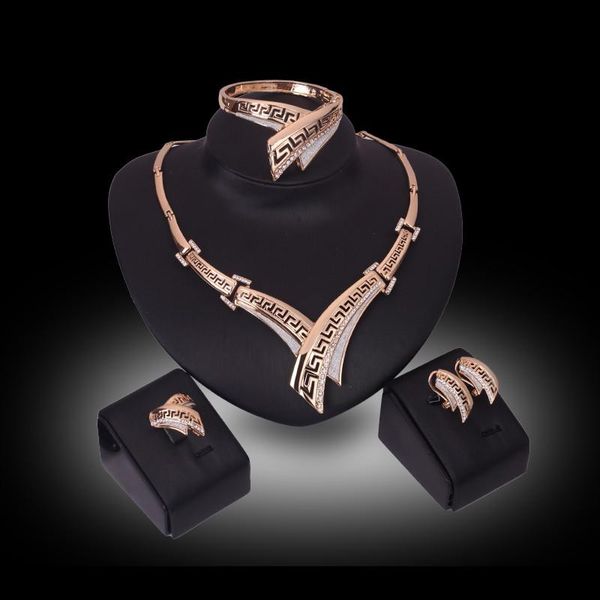 

necklace earrings bangle ring jewelry set roayl luxury rhinestone 18k gold plated geometric alloy party jewelry 4-piece set wholesale js173, Slivery;golden