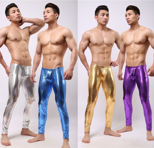 Großhandels-2020 Mann bequeme Showbühnenleistung enge elastische Hose helle Farbe Leder Silber/Gold/Blau lange Toning-Leggings