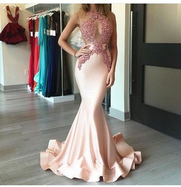 

glamorous vestido de festa blush pink appliques evening dresses 2017 mermaid illusion sweep train formal pageant party dresses, Black;red