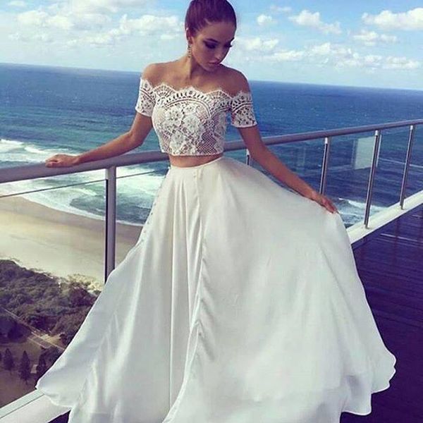 

off the shoulder two piece bohemian beach wedding dresses bridal gowns lace short sleeves chiffon a line vestidos de novia 2018, White