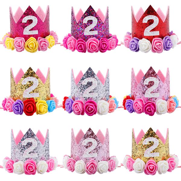 Hot New Baby 2° compleanno scintillante corona per feste corona artificiale rosa e rosa cremosa fiori tiara fascia HJ149