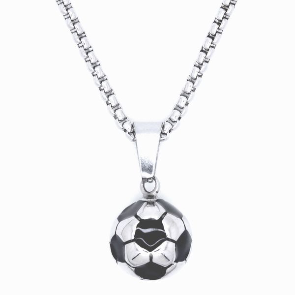 

punk retro jewelry 100% stainless steel necklace football pendant soccer black enamel rolo chain 20 inches 50cm, Silver