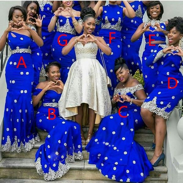 Affascinanti 7 stili Abiti da damigella d'onore Applique in pizzo Royal Blue Una spalla Sweetheart Off spalla Abiti da damigella d'onore Nigeria Abiti da sposa