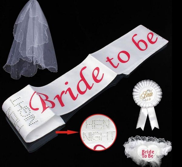 Bride To Be Set Rosetta mantiglia Badge Sash Giarrettiera Velo diadema Addio al nubilato Addio al nubilato Festa di nozze puntelli bianco ragazza regalo forniture festive