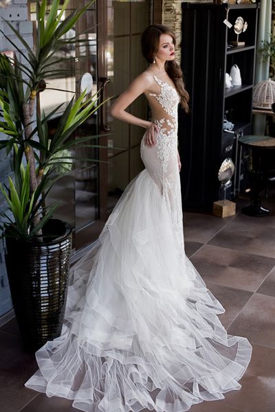 

lace mermaid wedding dresses with detachable train beading backless sheer neck new arrival bridal gowns, White