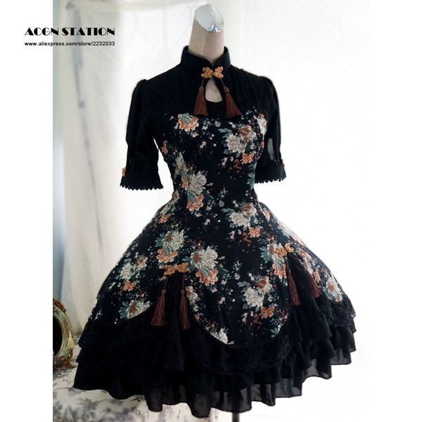 

wholesale-2016 new black cotton qi lolita one-piece dress short sleeves peony print lace up, Black;red
