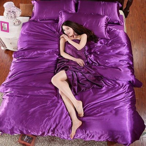 

Wholesale satin silk bedding set Home Textile King size bed bedclothes duvet cover flat sheet pillowcases, Light brown