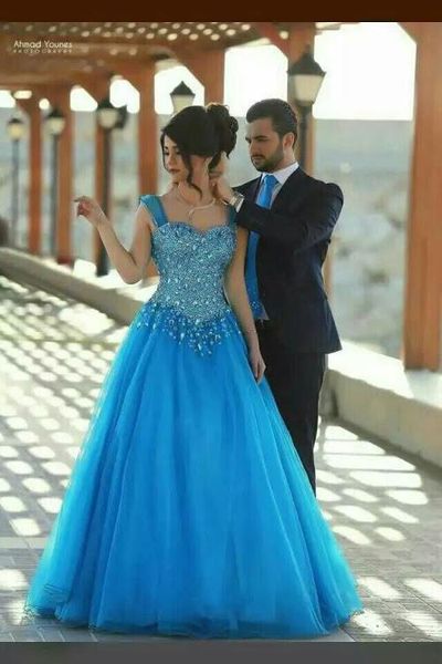 

2019 Sexy Back Blue Sweetheart A Line Prom Dresses Floor Length Crystal Arabic Muslim Evening Gowns Beaded Cheap Bridesmaid Dresses