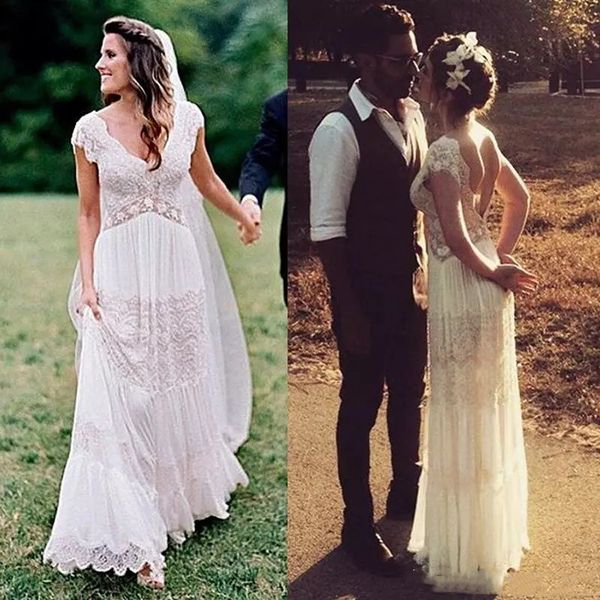 

beach wedding dresses lace deep v neck bohemian bridal gowns a line backless custom made wedding dresses, White