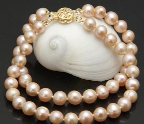 

double strands 9-10mm pink pearl bracelet 7.5-8 inch gold clasp, Black