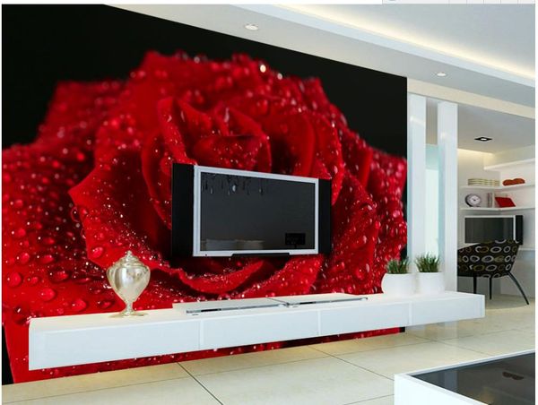 

3d customized wallpaper beautiful romantic with water droplets red roses tv background wall customized wallpaper for walls