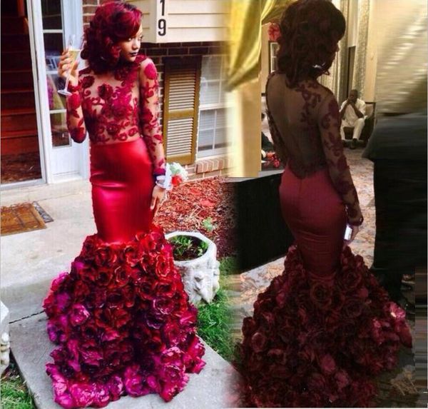 

red 2019 mermaind evening dresses with handmade flowers floor length tulle prom gowns long sleeve, Black;red