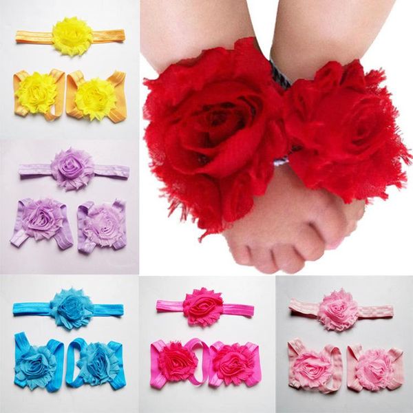 

toddler baby sandals chiffon flower cover barefoot foot+headbands set infant children girl kids shoes decor accessories, Slivery;white