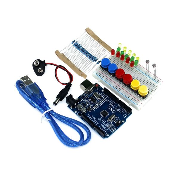 Großhandels-Kostenloser Versand neuer Starter Kit UNO R3 Mini-Breadboard LED-Überbrückungsdrahtknopf für Arduino kompatibel